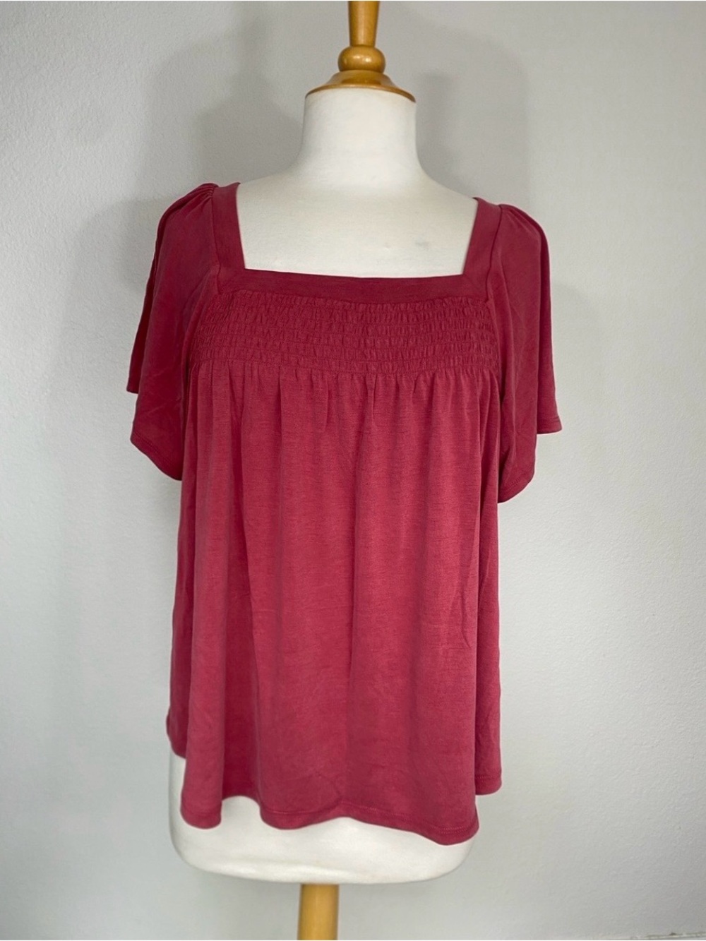 Lucky Brand Women Burgundy Smock Flutter Sleeve Babydoll Top Boho Coastal Size L